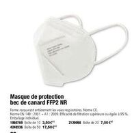 Masque de protection bec de canard FFP2 NR  Forme recouvrant entièrement les voies respiratoires. Norme CE.  Norme EN 149:2001+A1: 2009. Efficacité de filtration supérieure ou égale à 95%. Emballage i