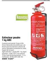 Extincteur poudre 1 kg ABC  Nouveau  A pression permanente. Corps en tôle d'acier Manomètre de controle pour une lecture claire et simple de la pression de service. Robinetterie entièrement en laiton.