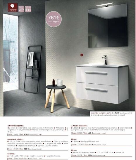 Collections Exclusives  Pizzin  761€ PRIX légers  2.Meuble suspendu :  ■2 tiroirs à sortie totale avec amortisseurs de fermeture Anthracite 2 poignées L 40 cm, chromées Plan de toilette simple vasque, offre sur Richardson