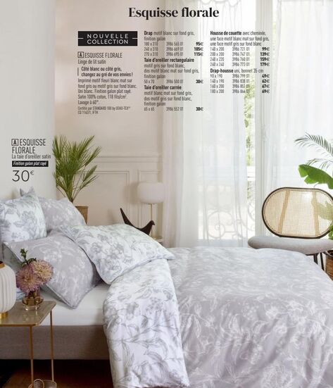 parure de lit essentielle: satin, galon plat rayé, esquisse florale et motif blanc/gris - 30€!