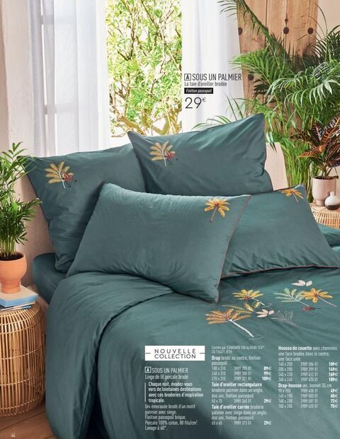 découvrez la nouvelle collection asous un palmier : taie d'oreiller brodée finition passepoil - 29€ - une couche de luxe pour évasion nocturne !