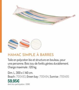 Hamac simple à barres offre à 59,95€ sur Botanic