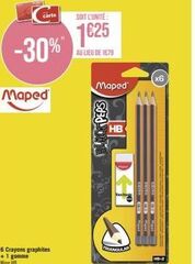 carte  Maped  6 Crayons graphites + 1 gomme Mine HB  -30%  KPERS  SOIT L'UNITÉ:  1625  AU LIEU DE 1679  CO  Maped  HB  Tedint  PRIANGALAR  TRAL AND Mid  SAYMA CTED M  x6  kad  HB-2 