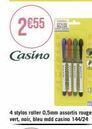 2€55  Casino  4 stylos roller 0,5mm assortis rouge, vert, noir, bleu mdd casino 144/24  B 