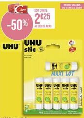 -50%  UHU  carte  UHU stic  SOIT L'UNITÉ:  2€25  AU LIEU DE 4649  MAXI LOT  UHU UHU UHU UHU UHU stic stic stic stic stic  98%  REMISE VALABLE DU 07/08 AU 2008  bilon de colle post 