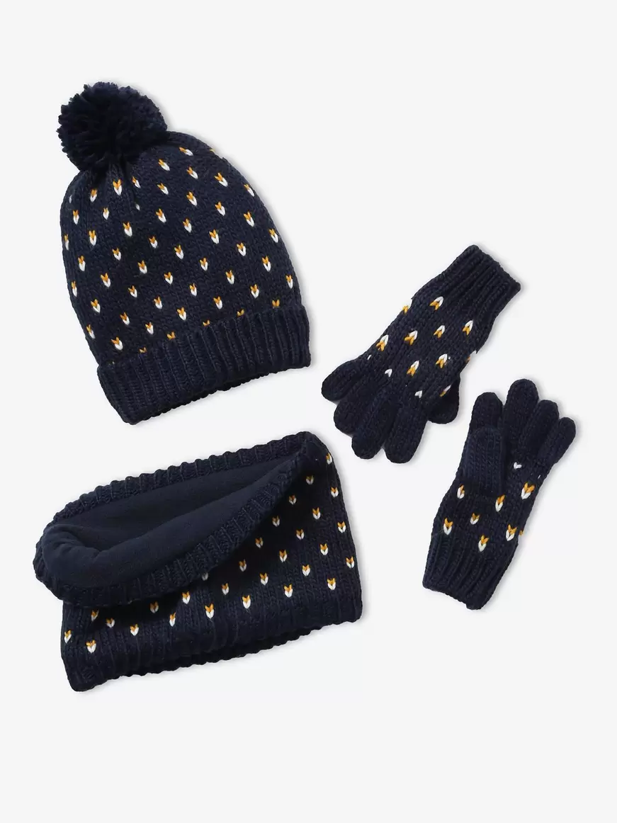 Ensemble bonnet + snood + gants coeurs fille basics - encre... offre à 9,99€ sur Vertbaudet