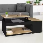 Table basse plateau relevable rectangulaire elea avec coffre bois noir et fa\u00E7on h\u00EAtre offre sur Conforama