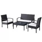 Outsunny Ensemble salon de jardin 4 places : canapé, 2 fauteuils et table basse plateau verre trempé résine tressée 4 fils  imitation rotin noir coussins blanc offre à 151,14€ sur Bricomarché