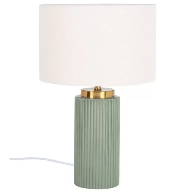 Lampe en céramique striée dorée et verte et abat-jour en polyester recyclé offre à 39,99€ sur Maisons du Monde