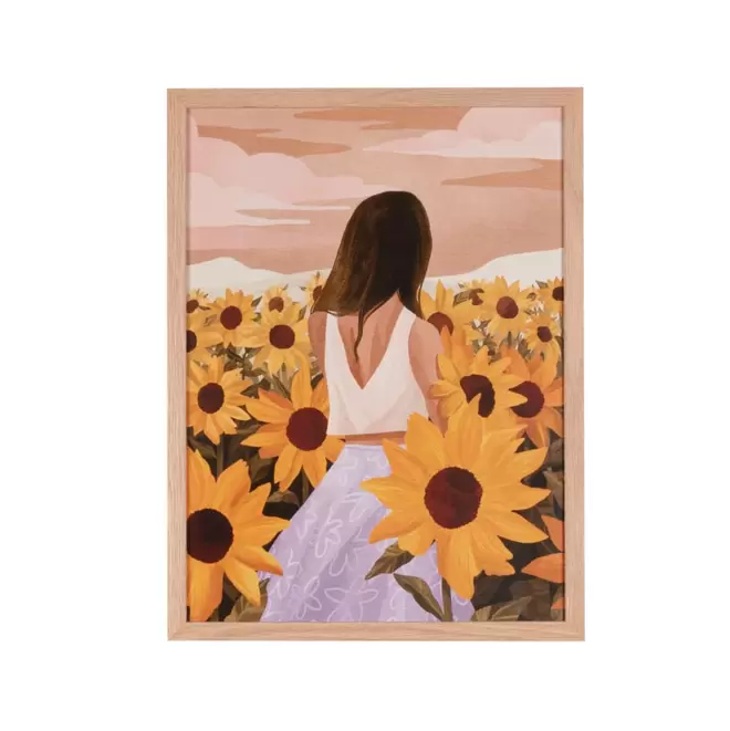 Affiche femme et tournesols multicolore sous verre et cadre en bois de chêne 30x40 offre à 44,99€ sur Maisons du Monde