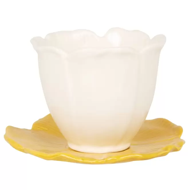 Tasse en grès blanc et soucoupe fleur en grès jaune offre à 7,99€ sur Maisons du Monde