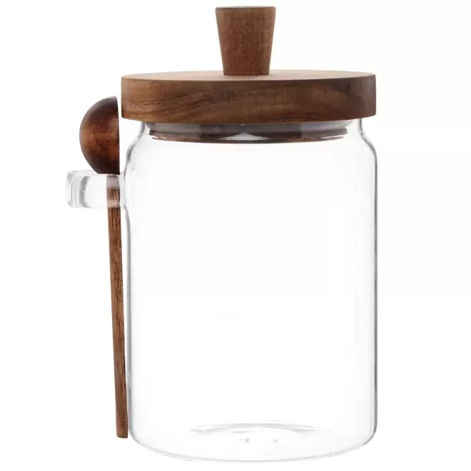 Bocal en verre avec couvercle et cuillère en bois d'acacia offre à 12,99€ sur Maisons du Monde