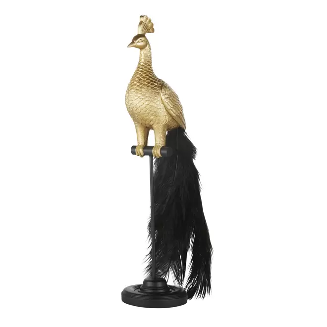 Statue paon doré sur pied noir et queue en plumes noires H55 offre à 49,99€ sur Maisons du Monde