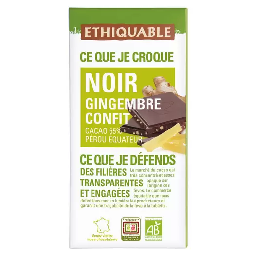 Tablette chocolat noir gingembre équitable Bio offre à 3,1€ sur franprix