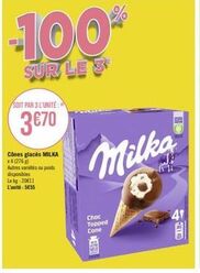 SOIT PAR 3 L'UNITÉ:  3€70  Cônes glacés MILKA  x4 (276) Autres variétés ou poids disponibles Lekg: 20€11 L'unité: 5€55  -100%  SUR LE 3  Choc Topped Cone  Milka  M 