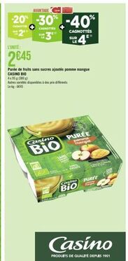 économisez jusqu'à 40% avec le pack casino bio 4x95g pomme-mangue sans sucres ajoutés!