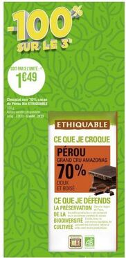 Goûtez le Chocolat Noir 70% Bio du Pérou Éthiquable avec une Réduction de 100€ : 1649€/3, Lak 2200€/U - 2623€/U!