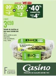 Salade de Lentilles et Tofu Fumé BIO Casino 160g, -20% à -40% ! #22644