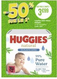 Découvrez le Pack Bébé Natural Huggies -50% : 144 lingettes à 5,32€/unité, 99% pure water, 0% plastic wipes !