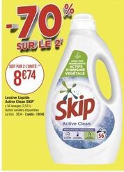 70% de Réduction sur le 2ème SKIP Active Clean Lessive Liquide avec Ingrédients Actifs Végétaux, 2.52 L pour 8€74!