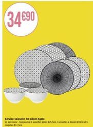 service de vaisselle kyoto: porcelaine 18pièces - 6 assiettes plates, 6 assiettes à dessert et 6 coupes.