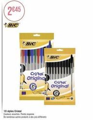 de nombreux stylos bic cristal original à 2€45 - 10 couleurs assorties, pointe moyenne.