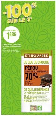 Ethiquable : 70% Cacao Grand Cru Amazônien du Pérou, -100% par 3, 2€79 l'unité !