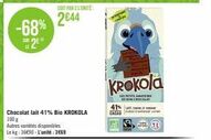 Promo -68% : Chocolat lait 41% Bio KROKOLA & LES PETITS AMARE CHOCOLA 41% Exakao à 36€90/kg & 36,69€/unité
