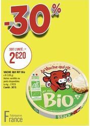 Promo: 30% sur La Vache qui rit BIO x8 (128g). 17€19 le kg, l'unité 2€20. Autres varietes ou poids disponibles.