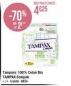Économisez 70% sur Tampons TAMPAX Compak à 4€25 l'unité - 100% coton bio - 14 par unité - 6€54 au total.