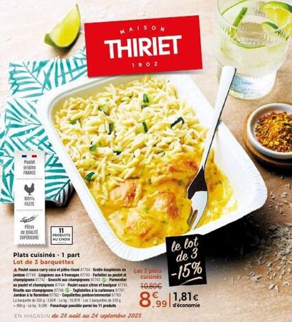 Poulet Thiriet FRANCE 100%, 11 produits & Plats 1 Part : MAISON 1902 - Lot de 3 Parmentier au Curry Coco et Pâtes.