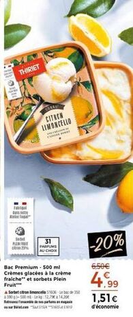 Délicieuse Crème Glacée Thiriet au Citron Limoncello - 500ml Bac Premium - 25% de Care M Car Prat - 31 Parfums au Choc - Offre Promo!