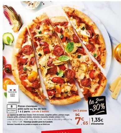 Lot de 2 boites de Pizzas A Légumes du soleil : Farine de stigine FRANCE, Purée de tomate, courgettes griles & poivrons. 2 parts au choix, pâte cuite au feu de bois.