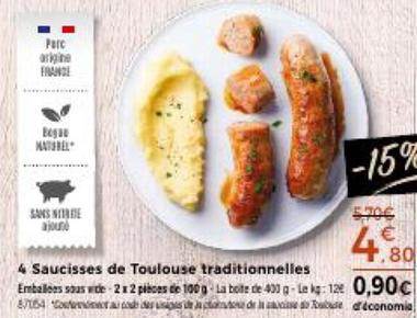 4 saucisses de toulouse traditionnelles