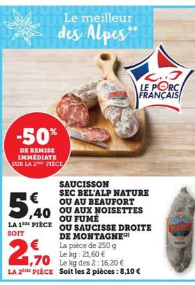 Le saucisson sec Bel'Alp Nature, promo 40% : Goûtez la saveur des noisettes ou du beaufort fumé !