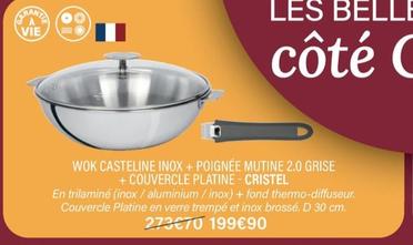 Cristel - Wok Casteline Inox + Poignée Mutine 2.0 Grise + Couvercle Platine