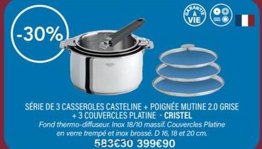 Cristel - Série De 3 Casseroles Casteline+ Poignée Mutine 2.0 Grise + 3 Couvercles Platine