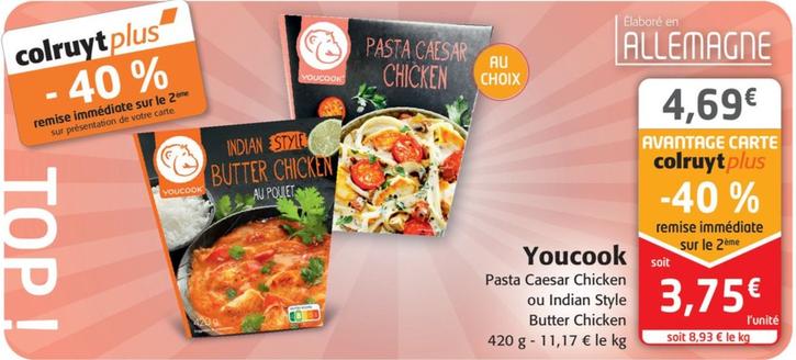Youcook - pasta caesar chicken ou indian style butter chicken offre à 4,69€ sur Colruyt