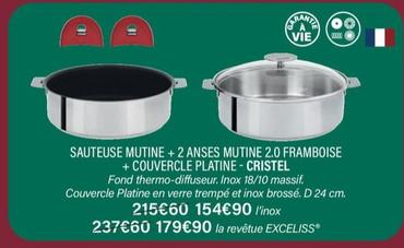 Cristel - Sauteuse Mutine + 2 Anses Mutine 2.0 Framboise + Couvercle Platine