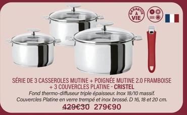 Cristel - Série De 3 Casseroles Mutine + Poignée Mutine 2.0 Framboise + 3 Couvercles Platine