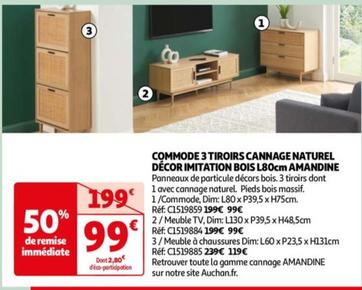 Commode 3 Tiroirs Cannage Naturel Décor Imitation Bois L80cm Amandine