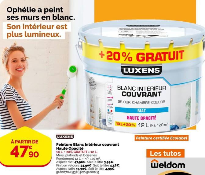 Promo Peinture blanc mur luxens séjour et chambre mat 10l+20% gratuit chez  Weldom