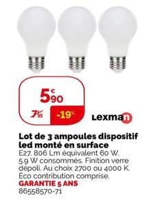 Lexman - Lot De 3 Ampoules Dispositif Led Monte En Surface