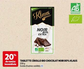 klaus - tablette criollo bio chocolat noir 80%