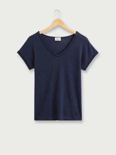 Tee-shirt En Lin Mélangé, Encolure V Finition Jour Échelle - Bleu marine offre à 39,95€ sur Julie Guerlande