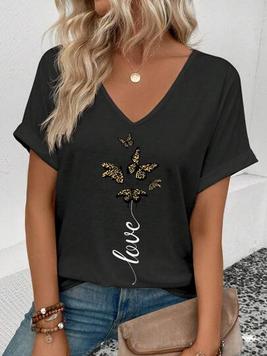 SHEIN LUNE Femmes Été Papillon Lettre Imprimé V-Neck Manches Courtes T-Shirt Décontracté offre à 6,99€ sur 