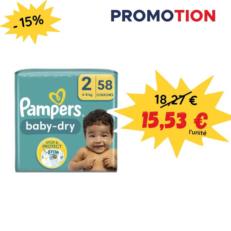 Couches bébé baby-dry Pampers taille 2 - x58 offre à 15,53€ sur 