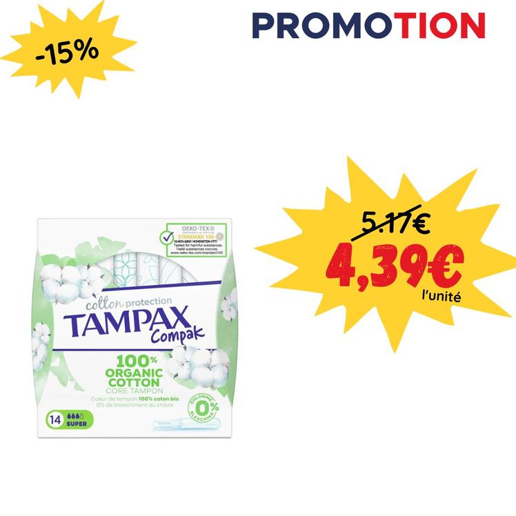 Tampons coton Bio avec applicateur compact Tampax - x14 offre à 4,39€ sur 