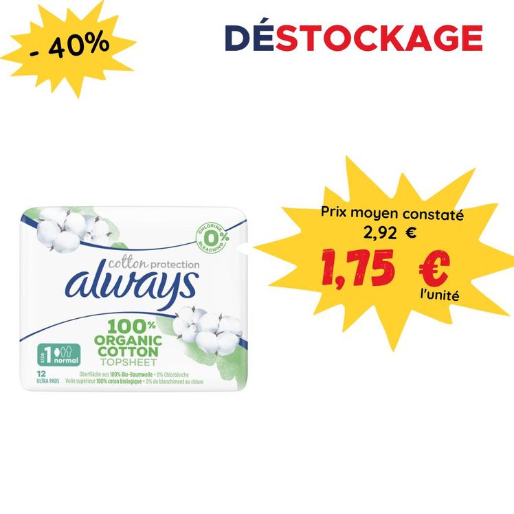 Serviette hygiénique cotton Bio Always x12 offre à 1,75€ sur 