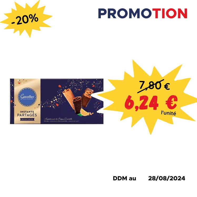 Assortiment de Crêpes Dentelle nature chocolat noir et orange chocolat lait Gavottes - 242g offre à 6,24€ sur 
